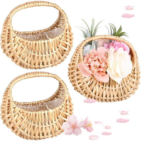 3 Pcs Half Moon Wicker Baskets,Romantic Small Baskets for Flower Girl,Wedding Decorative Flower Baskets,Braided Rattan Basket with Handle,Hand-Held Wicker Basket for Home Party