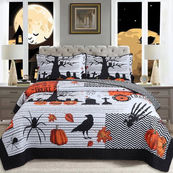 3-Piece Halloween Bedding Set, Pumpkin Ghost Quilt Set, Queen/King Size