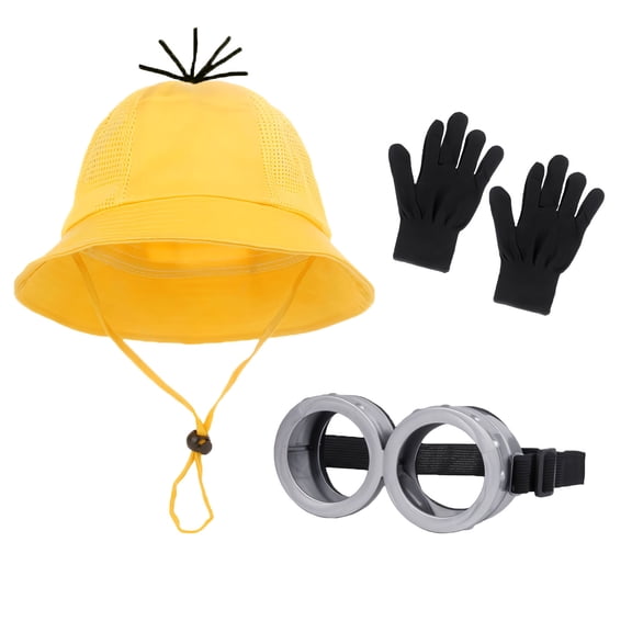 3 Pcs Halloween Costume Accessories Goggles Glasses/Yellow Bucket Hat/Gloves Cosplay Party Set