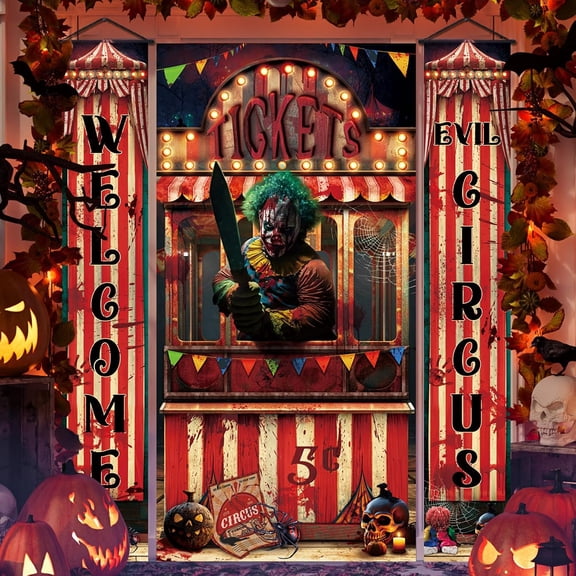 3 Pcs Halloween Creepy Carnival Decorations Include 2 Evil Circus Porch Banner and Scary Ticket Booth Circus Theme Door Cover for Halloween Backdrop Hanging Theme Party Outdoor Decorations