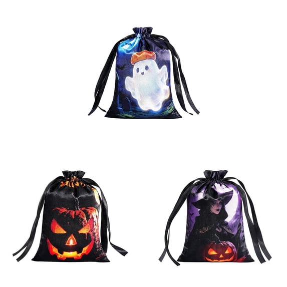 3 Pcs Halloween Drawstring Treat Bags, Mini Satin Trick or Treat Goodie Pouches with Pumpkin Print, Halloween Candy Gift Bags for Party Favors