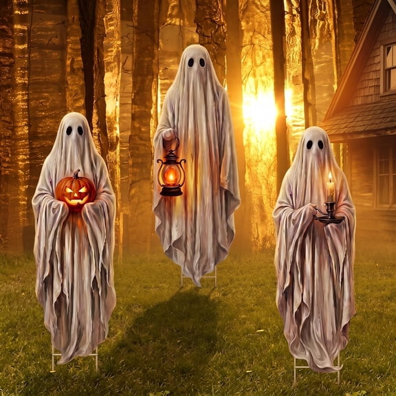 3 Pcs Halloween Ghosts Outdoor Decorations Extra Large Scary White Ghost Yard Sign with 12 Stakes Yard Decoration for Outdoor Halloween Party Decor Home Garden Lawn Haunted House