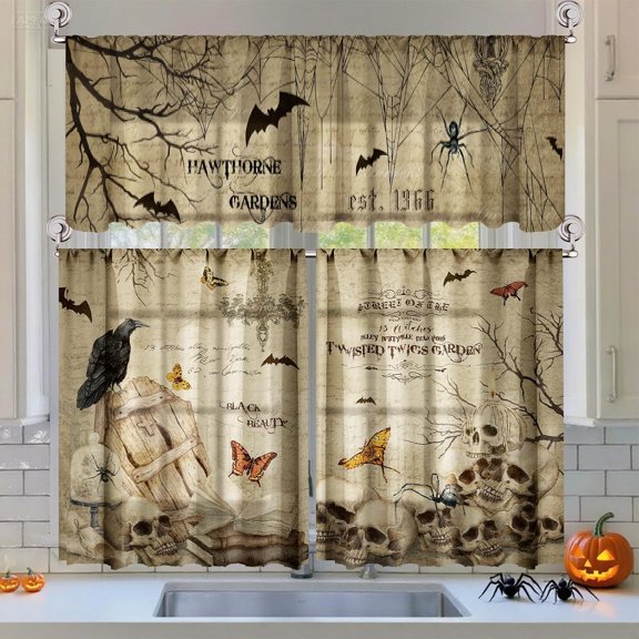 3 Pcs Halloween Kitchen Curtains Set, Gothic Crow Skulls Bats Valance Tiers Window Curtain, Butterflies Spiders Print, Gothic Horror Party Supplies, Short Panels for Bedroom Decor