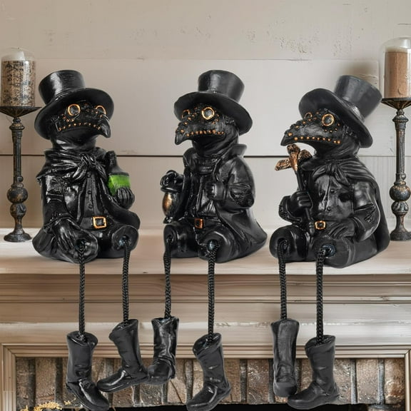 3 Pcs Halloween Plague Doctor with Dangling Legs Figurines Decoration, Resin Gothic Scary Crow Table Fireplace Shelf Sitting Figurines Party Ornament Gifts for Indoor Home Decor
