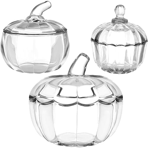 3 Pcs Halloween Pumpkin Candy Jar with Lids Glass Candy Bowl Cute Clear Cookie Storage Jar Crystal Candy Dish Office Desk Decorative Jars for Halloween Party Decoration Home Holiday Supplies Gift