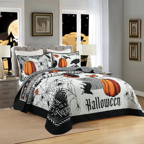 3-Piece Halloween Quilt Bedspread Set - Cozy Pumpkin and Ghost Pattern