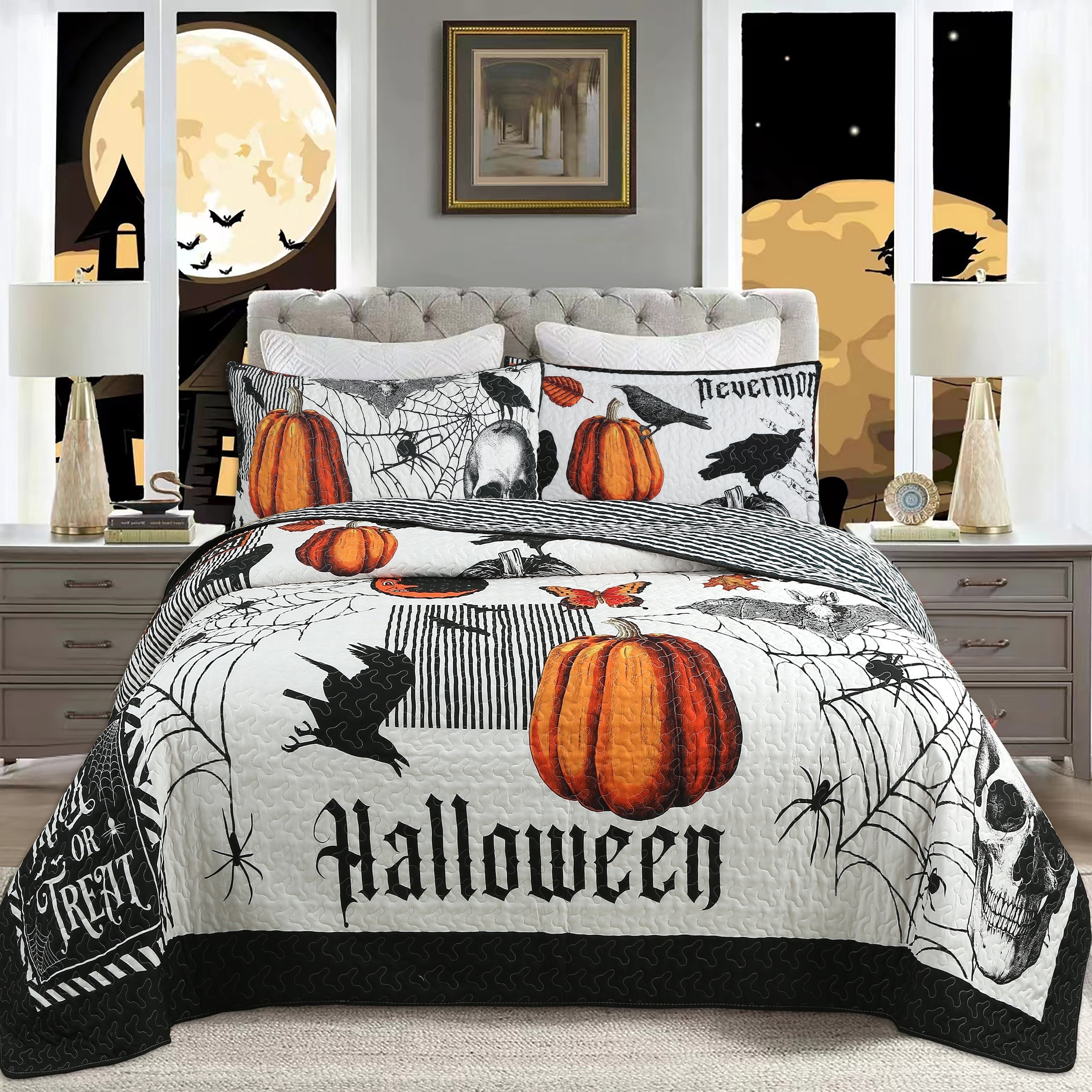 3 Pcs Halloween Quilt Bedspread Set – Cozy & Spooky Pumpkin and Ghost Pattern for Festive Decor