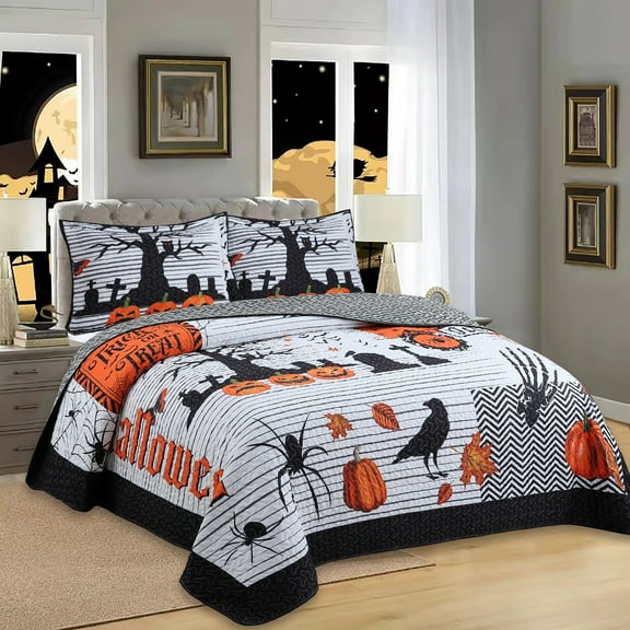 3 Pcs Halloween Quilt Set Queen Size,Black Reversible Quilt Bedding Set,Bat Pumpkin Spider Festival Themed Bedspread Full,Decorative Bedding Coverlet with 2 Pillow Shams