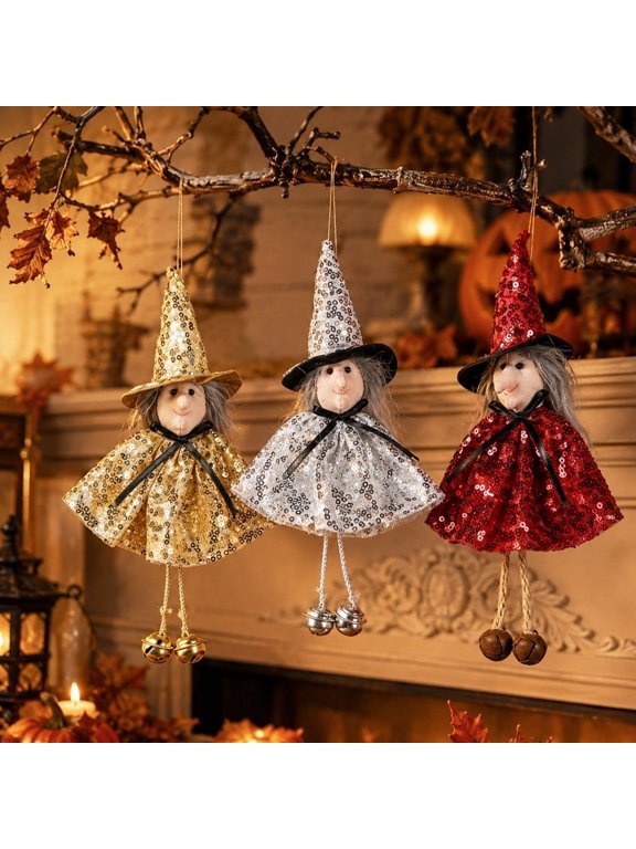 3 Pcs Halloween Sequined Witch Doll Hanging Ornaments, Sparkly Cape Hat Witch Keychain Decor, Festive Witch Figure Pendants for Door Window Tree Party Holiday Home Decor