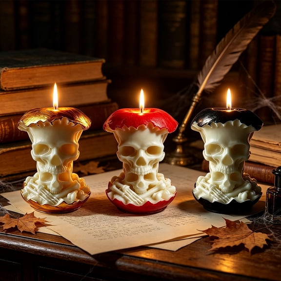 3 Pcs Halloween Skull Scented Decor Candle, Gothic Skeleton Design Fragrance Wax Candle, Spooky Table Centerpiece Ornament for Holiday Party Gift Daily Home Styling