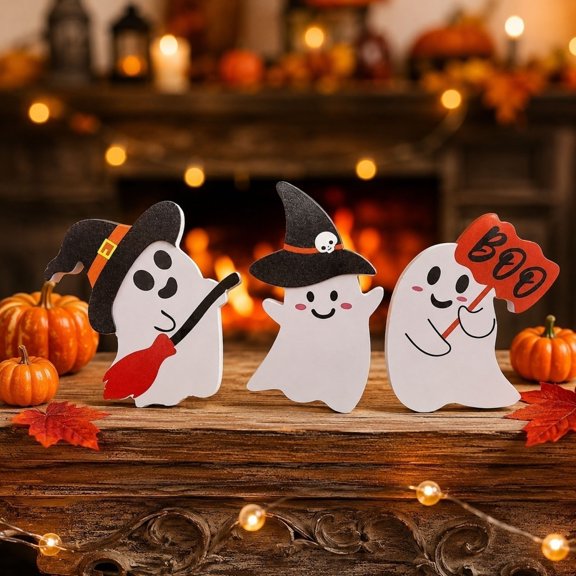 3 Pcs Halloween Table Decor Halloween Tiered Tray Decorations Tabletop Wooden Ghost Table Centerpieces Cute Boo Spooky Sign Block Trick or Treat Sign for Home Shelf Party(Classic Style B)
