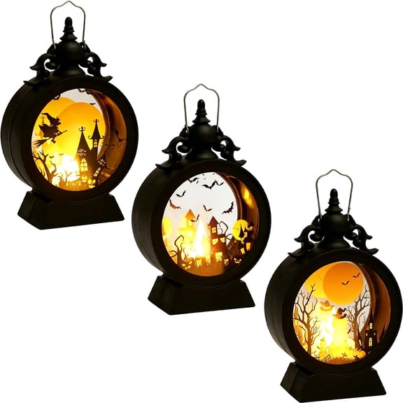 3 Pcs Halloween Witch LED Lantern Black Plastic Battery Operated Light with Spooky Silhouette Hanging & Tabletop Decor for Halloween Party, 6.7 Inch, Random Style