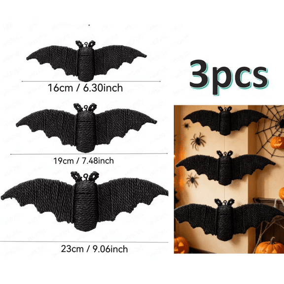 3 Pcs Halloween Woven Rattan Bat Wall Hanging Decor, 3D Scary Handcrafted Black Rope Bats, Rustic Natural Farmhouse Halloween Creepy Decorations for Home Fireplace Door, 6.3/7.5/9 Inch