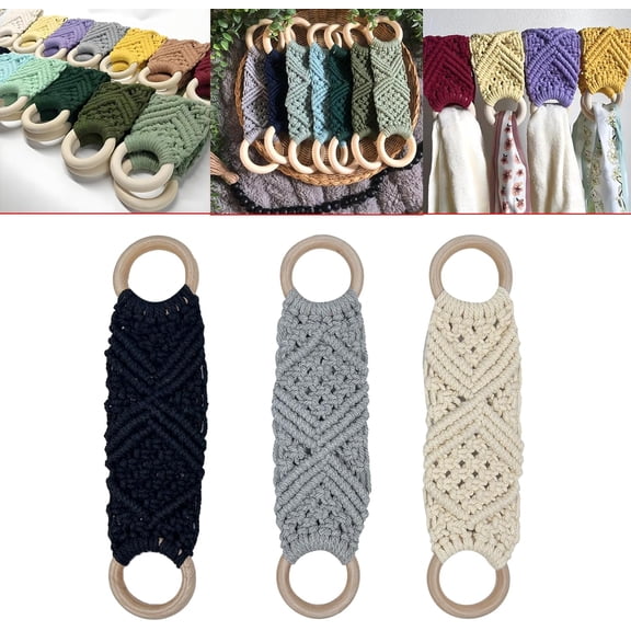 3 Pcs Handmade Crochet Dish Towel Holder Boho Macrame Kitchen Towel Hanger Loop Ring Hanging Hand Towels Holder a Unique Gift for Christmas Housewarming Birthday Mother's Day (Black,Beige,Grey)