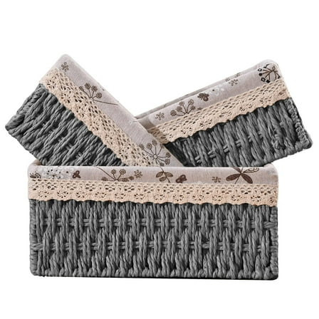 3 Pcs Handmade Wicker Storage Baskets Set Shelf Baskets,Woven Decorative Home Storage Bins for Bedroom,livingroom,kitchenroom,Table,Closet,Pantry, Entryway, Home Decor Grey
