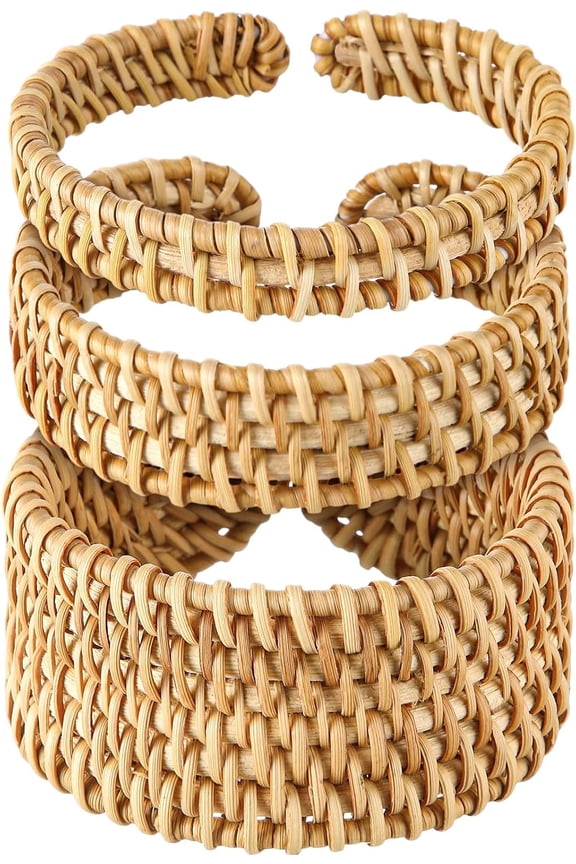 3 Pcs Handwoven Wooden Braided Rattan Knit Cuff Bracelet Adjustable Bohemian Chunky Wrap Bangle for Women Summer Ethnic Tribal Wrist Jewelry