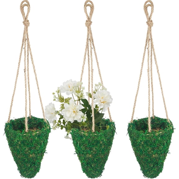 3 Pcs Hanging Basket for Wall Conical with Natural Moss Hanging Wicker Basket with Hemp Rope Handmade Wall Planter for Garden Home Boho Decor Front Door Porch Entryway (Flowers Not Included)