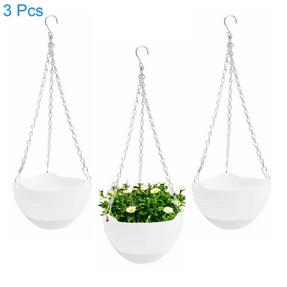 3 Pcs Hanging Planter Pots,8 inch Self-Watering Round Hanging Basket with Water Tray and Metal Chain,Succulent Flower Plant Pot Container for Indoor Outdoor Garden Balcony Wall Decor,White