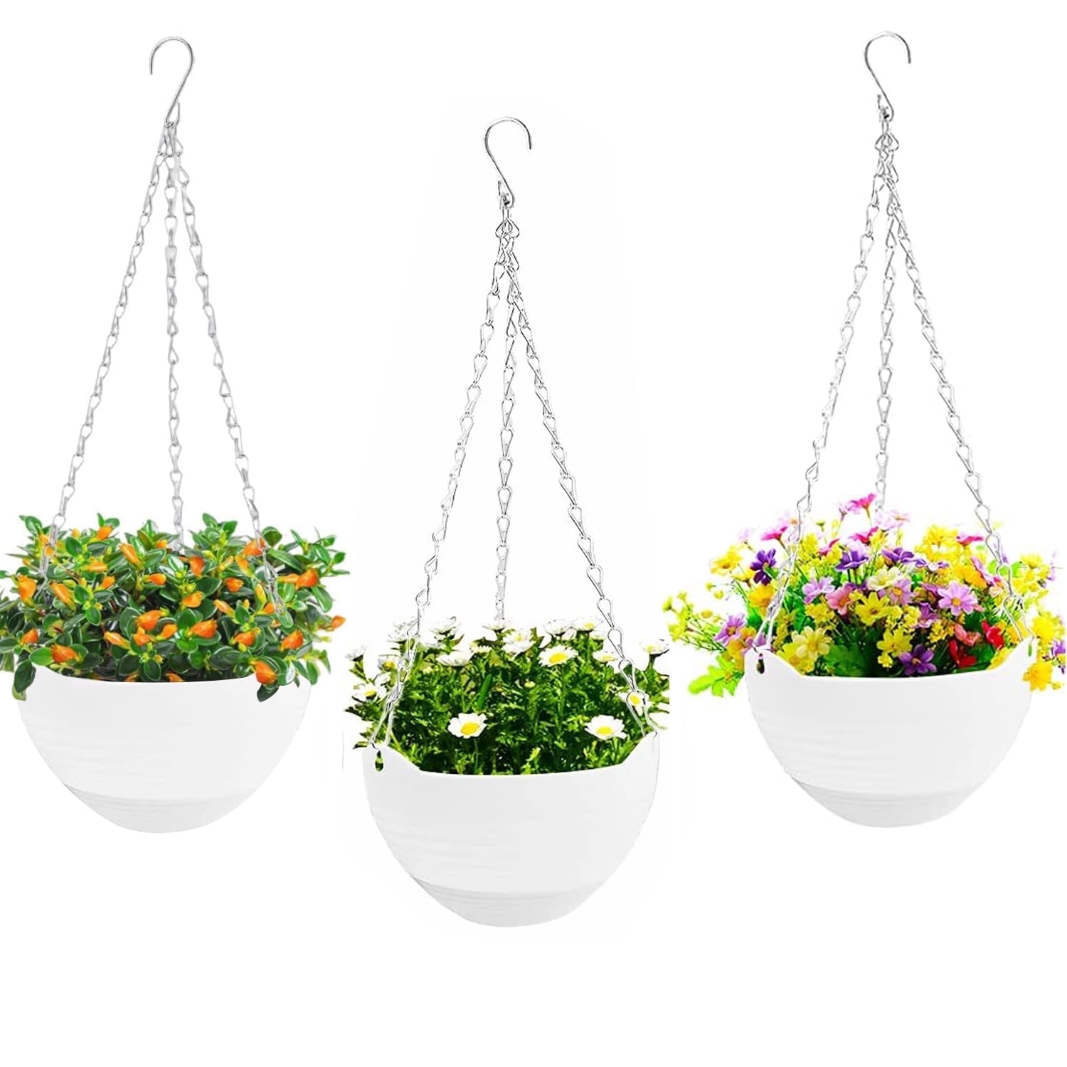 3 Pcs Hanging Planter Pots,Rongsi 8 inch Self-Watering Round Hanging Basket with Water Tray and Metal Chain,Succulent Flower Plant Pot Container for Indoor Outdoor Garden Balcony Wall Decor,White
