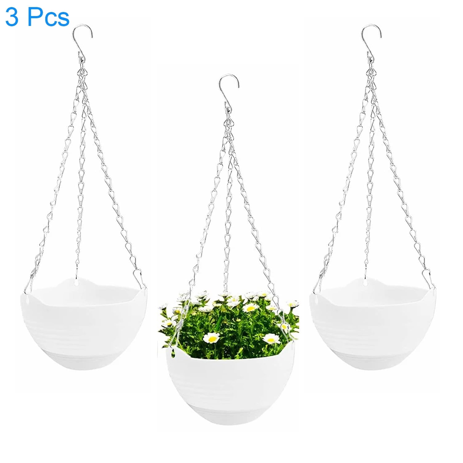 3 Pcs Hanging Planter Pots,Emlimny 8 inch Self-Watering Round Hanging Basket with Water Tray and Metal Chain,Succulent Flower Plant Pot Container for Indoor Outdoor Garden Balcony Wall Decor,White