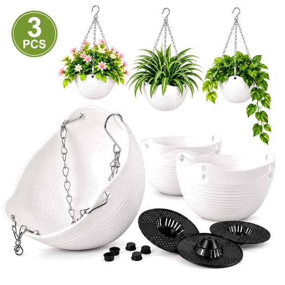 3 Pcs Hanging Planter Pots,Rongsi 8 inch Self-Watering Round Hanging Basket with Water Tray and Metal Chain,Succulent Flower Plant Pot Container for Indoor Outdoor Garden Balcony Wall Decor,White
