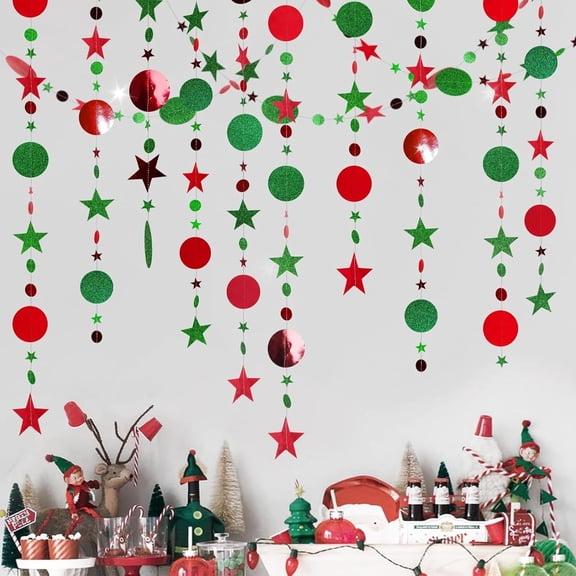 3 Pcs Hanging Star Circle Garland Banner Glitter Red Green Christmas Decoration Circle Dots Garland Christmas Paper Star Garlands Backdrop Streamer Favor Garlands for Party Decor,13ft/Pc,Topboutique