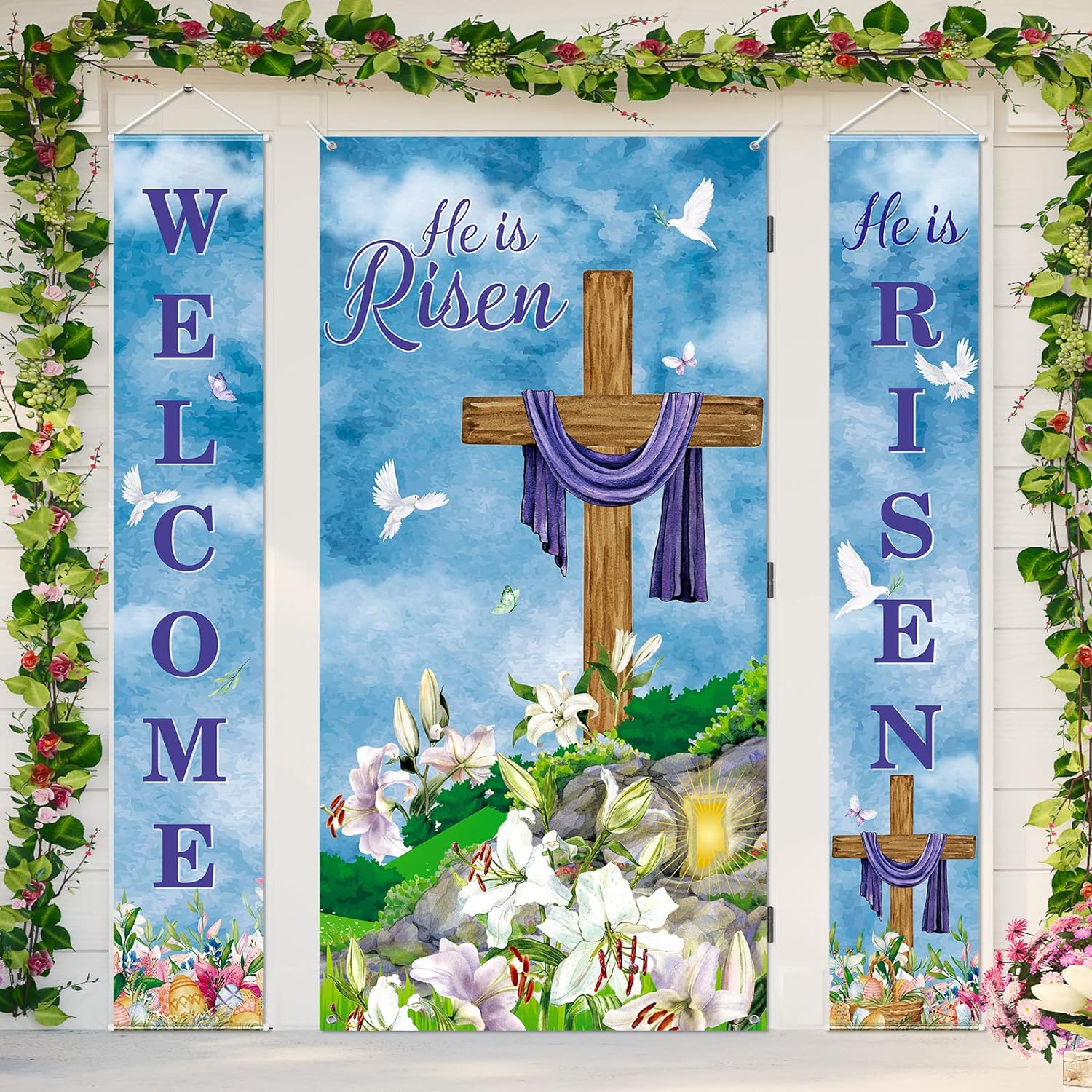 3 Pcs Happy Easter Day Banner, Decorations He is Risen Porch Banners