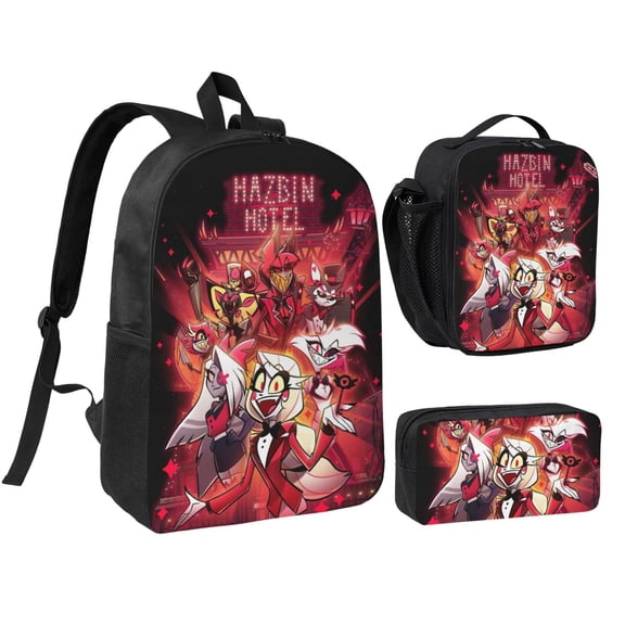 3 Pcs Hazbin Backpack Hotel Backpack Collage Backpack Set with Thermal Insulated Lunch Tote Purse Pencil Case