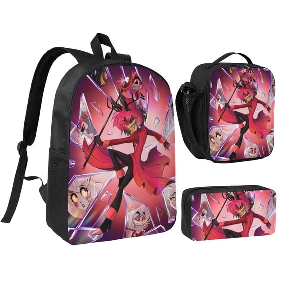 3 Pcs Hazbin Backpack Hotel Backpack Collage Backpack Set with Thermal Insulated Lunch Tote Purse Pencil Case