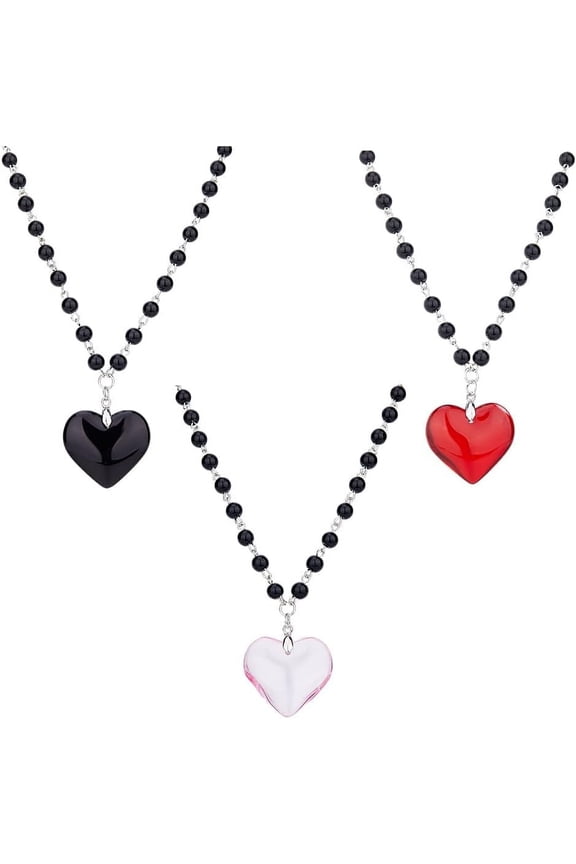 3 Pcs Heart Choker Necklaces 45.8cm Black Beaded Heart Necklaces Red Chunky Heart Pendant Necklaces Gothic Chunky Pink Heart Pendant Chain Necklaces Trendy Jewelry for Women