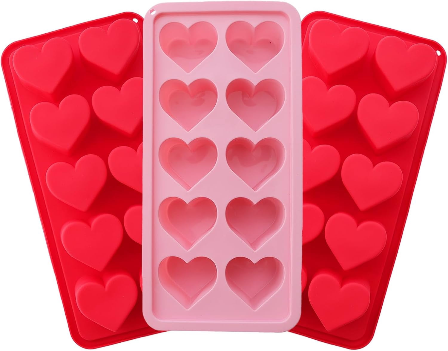 3 Pcs Heart Shaped Ice Cube Trays - 10-Cavity Silicone Molds in Pink & Red for Ice Cubes, Candy & Chocolate