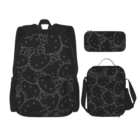 3 Pcs Hello Backpack Kitty Cat Collage Backpack Set with Thermal Insulated Lunch Tote Purse Pencil Case