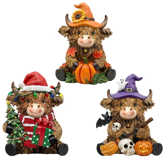 3 Pcs Highland Cow Decor Figurines, Seasonal Holiday Theme