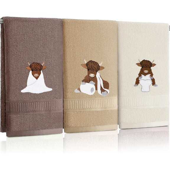 3 Pcs Highland Cow Hand Towels Embroidered Farmhouse Decorative Bath for Bathroom Kitchen Decor Country Farm Holiday Housewarming Gifts, 100% Cotton, 13.3 x 29.5''