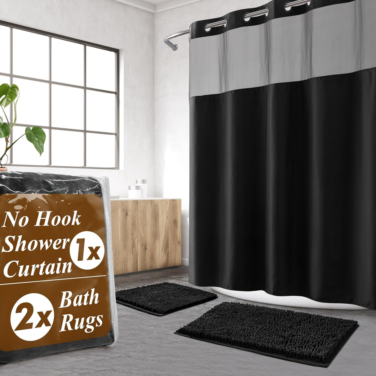 3 Pcs No Hook Black Shower Curtain Set with Chenille Bath Rugs - 71" x 74" Shower Curtain with Snap-in Fabric Liner & Non-Slip Water Absorbent Bathroom Mats Set Accessories