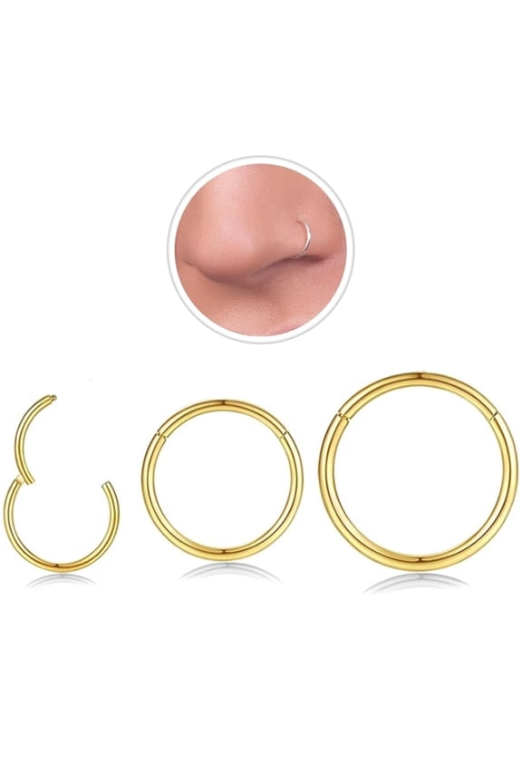 3 Pcs Hoop Nose Rings,20G Steel Hinged Nose Rings for Women Men, Nose Ring Hoop,Septum Rings,Cartilage Lip Rings,Body Piercing Jewelry, Gold(6mm+8mm+10mm)