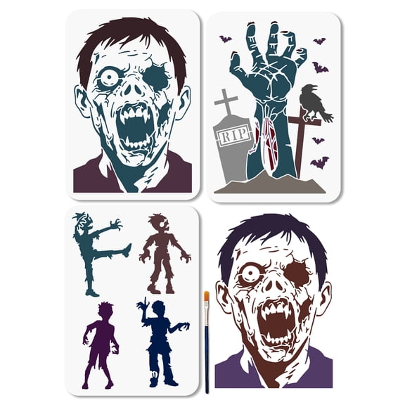 3 Pcs Horror Zombies Grave Stencils Reusable Bat Crow Stencil Painting 8.311.7 inch Drawing Templates with Paint Brush