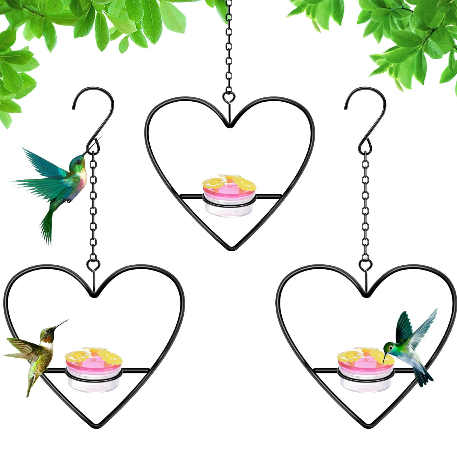 3 Pcs Hummingbird Feeders for Outdoors Hanging, Metal Nectar Feeders Circular Heart for Outdoors Hanging Ant and Bee Proof for Outside Garden, Backyard, Patio & Deck (Heart Shaped)