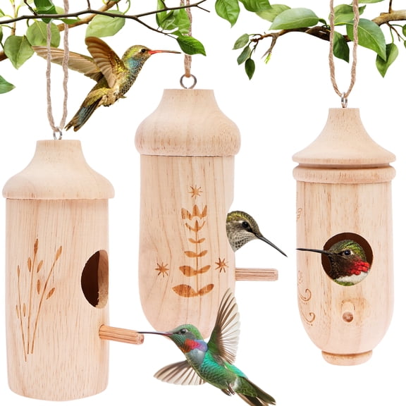 3 Pcs Hummingbird House, Small Hummingbird Houses for Outside, Wooden Bird House with Bow, String, Cute Gardening Gifts Home Decoration