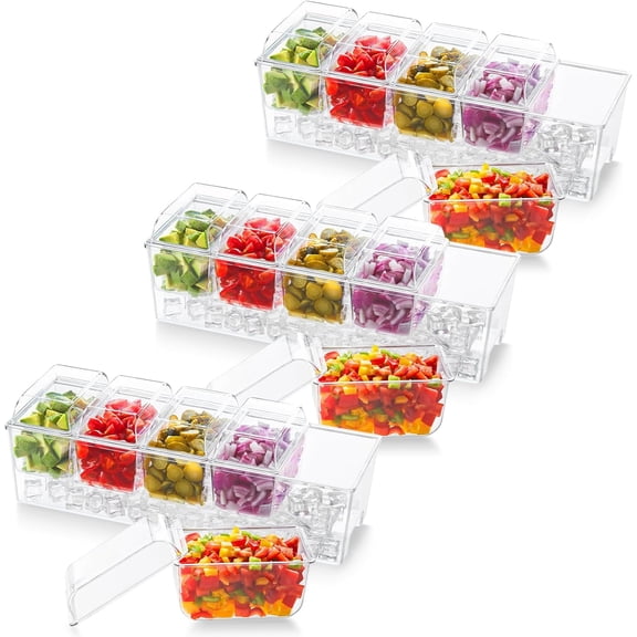 3 Pcs Ice Chilled Condiment Caddy with 5x 20 oz Containers, Condiment Server with Separate Lid, Serving Tray Platter with Removable Dishes for Bar, Fruit, Salad, Taco, Party Garnish