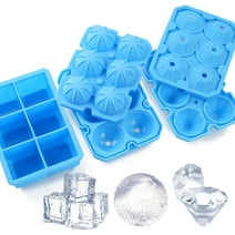 3 Pcs Ice Cube Molds,  Reusable Food-Grade Silicone Ice Cube Trays Round Big Ice Balls Square Diamond Ice Cube Trays, for Chilling Whiskey Wine Cocktail, Blue