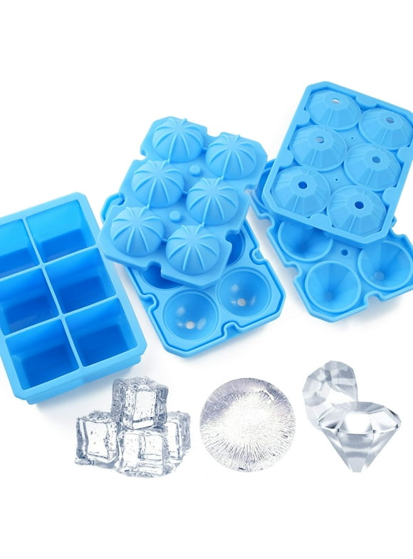 3 Pcs Ice Cube Molds,  Reusable Food-Grade Silicone Ice Cube Trays Round Big Ice Balls Square Diamond Ice Cube Trays, for Chilling Whiskey Wine Cocktail, Blue