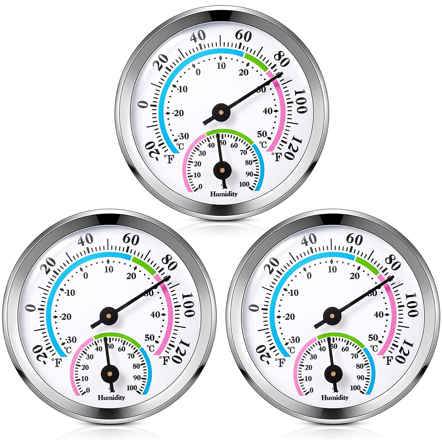 3 Pcs Indoor Outdoor Thermometer 2 in 1 Mini Home Temperature Humidity Hygrometer Monitor Gauge for Home Offices Wall(Silver,2.2 Inch)