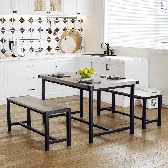 3 Pcs Industrial Dining Table Bench Set for 4, Space-Saving Rectangular Kitchen Table Set, Modern Dinette Table Set with Metal Legs for Small Spaces, Apartments