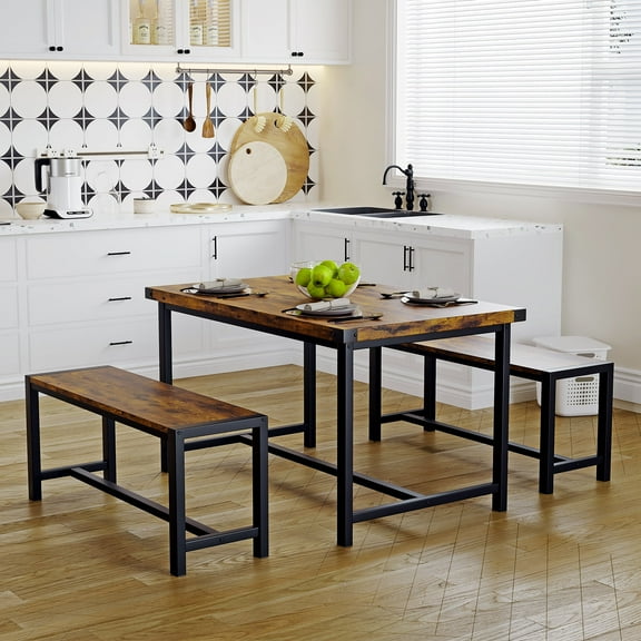 3 Pcs Industrial Dining Table Bench Set for 4, Space-Saving Rectangular Kitchen Table Set, Modern Dinette Table Set with Metal Legs for Small Spaces, Apartments