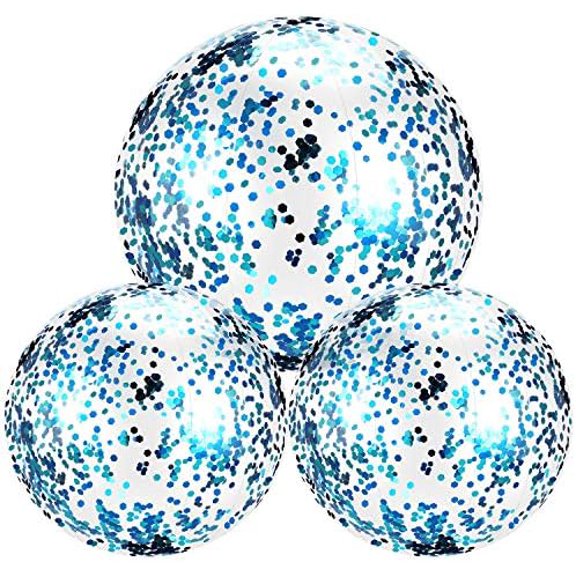3 Pcs Inflatable Beach Ball 16 Inch Glitter Summer Swimming Pool Disco Balls with Confetti Floatable Blow up Toys Decorations for Beach Wedding Outdoor birthday Party Favor(Blue)