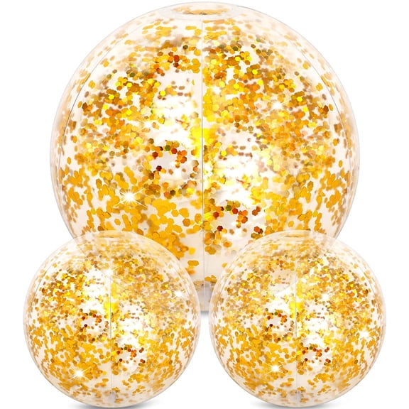 3 Pcs Inflatable Beach Ball 16 Inch Glitter Summer Swimming Pool Disco Balls with Confetti Floatable Blow up Toys Decorations for Beach Wedding Outdoor birthday Party Favor(Gold)
