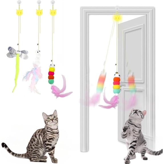 3 Pcs Interactive Toys for Indoor Cats, Best Hanging Cat Toys for Bored Cats, Spring Cat String Toys with Feathers and Bells, Door Hanging Self-Playing Cat Toys