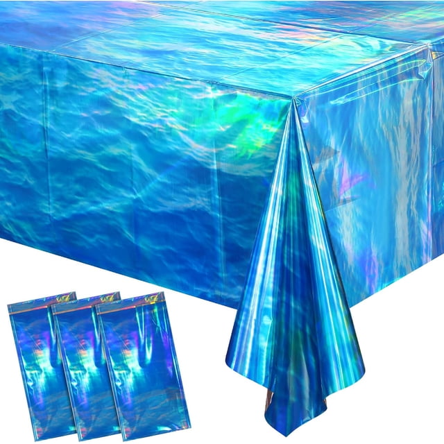 3 Pcs Iridescent Ocean Waves Tablecloths Disposable Plastic Ocean Blue