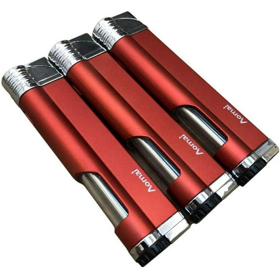 3 Pcs Jet Blue Flame Metal Cigar Cigarette Lighter Windproof Refillable Butane Gas Fuel Viewable with Electric Wire Ignition Protection - Aomai Red
